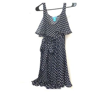 Navy and tan polka dot dress
